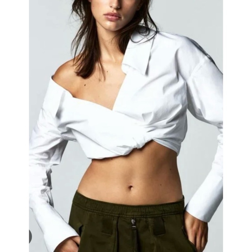Zara Women's White Cropped Pleated Button Front Blouse XS